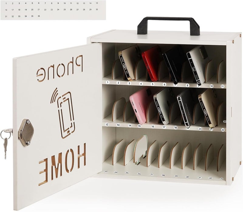 Echaprey Cell Phone Holder Classroom Adjustable 33 Slots Pocket Chart Wooden Cell Phone Storage Cabinet with Handle and Lock Desktop Cell Phone Holder for Classroom Office (White) - Image 1